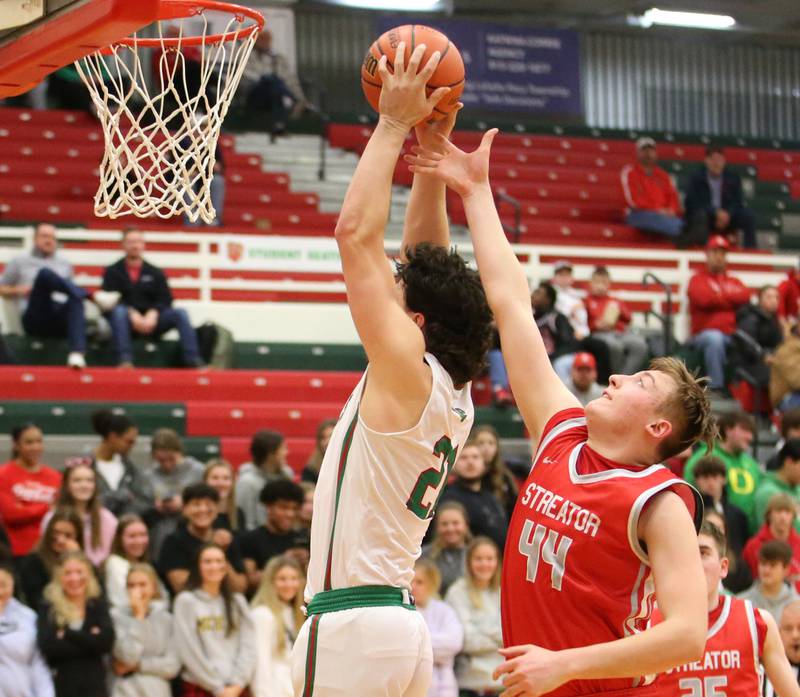 Streator's Nolan Lukach misses a rebound as L-P's Josh Senica beats him to it on Thursday, Jan. 28, 2023 at L-P High School.