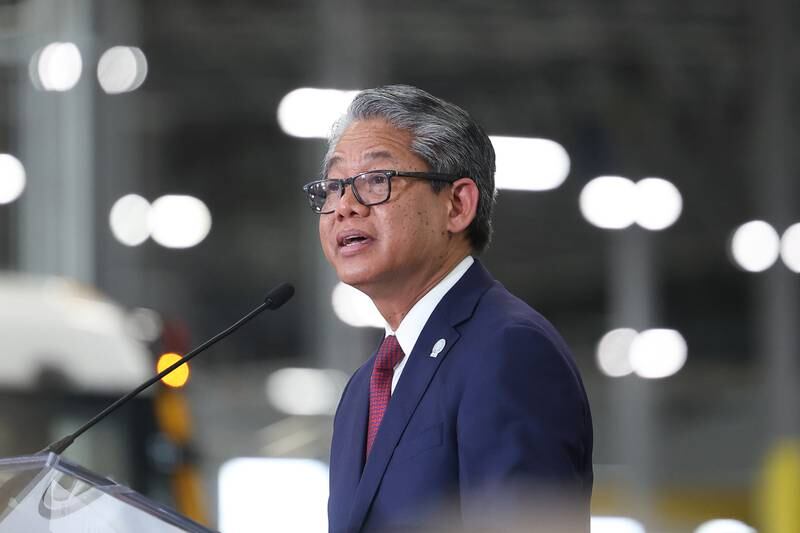 Gil Quiniones, CEO of ComEd, speaks at the grand opening of the Lion Electric manufacturing facility on Friday, July 21st, 2023 in Joliet.