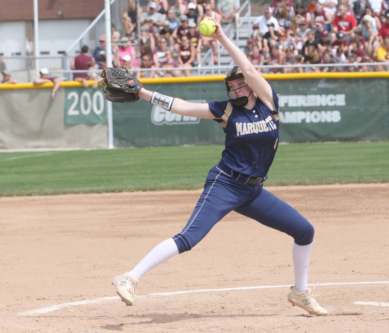Marquette's Kaylee Killelea lets go of a a pitch to LeRoy during the Class 1A Supersectional game on Monday, May 29, 2023 at Illinois Wesleyan University in Bloomington.