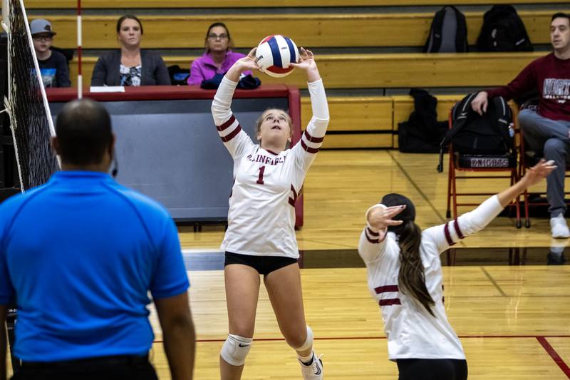 Plainfield North's Hope Hartmann sets-up a teammate during the 4A L-W Central Regional against Lockport at Lincoln-Way Central on Oct. 30, 2025.