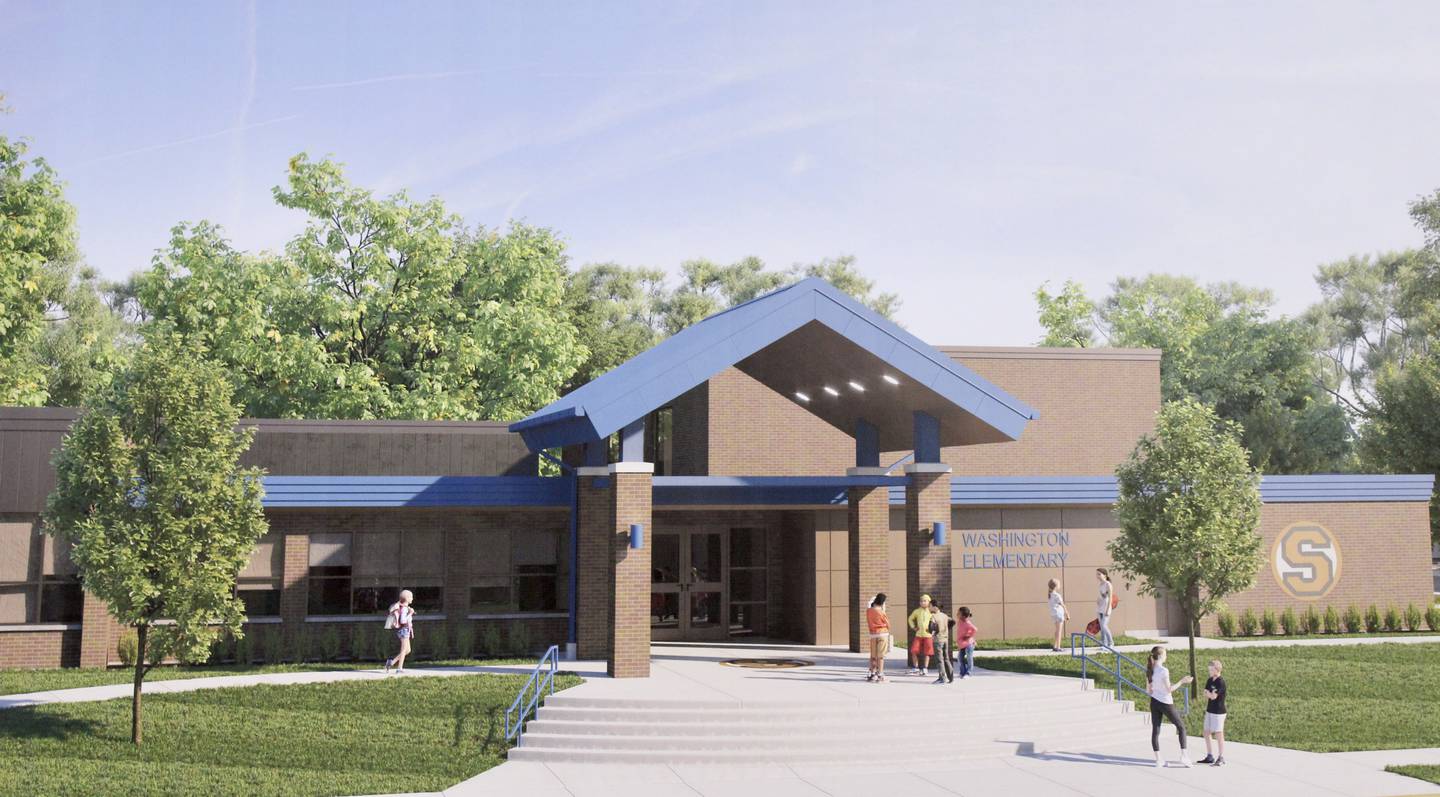 This display at Stirling Public Schools shows the planned renovation of the Washington School, which will add a safer entrance.