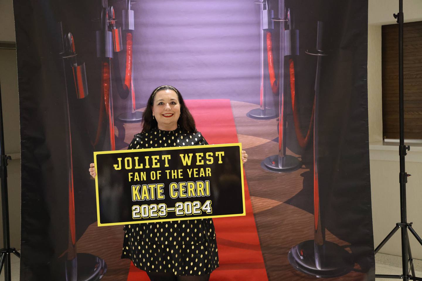Joliet West High School teacher Kate Cerri seen when she was named Joliet West Fan of the Year at a 2024 Night of Champions ceremony.