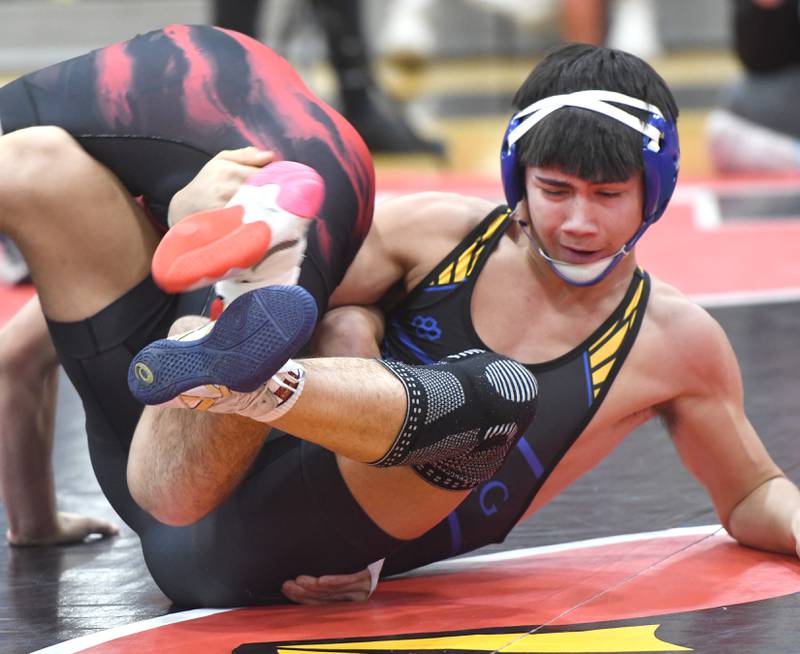 Johnsburg's Kainoa Ancog battles Amboy's Jose Lopez in the championship match at 157 pounds at the Stillman Valley Holiday Tournament on Saturday, Dec. 20, 2025 at Stillman Valley High School.