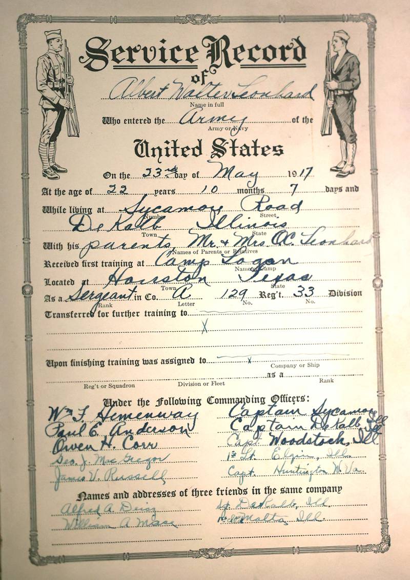 The service record of WWI U.S. Army soldier Albert Leonhard inside a service record book that was purchased by DeKalb resident John Wright at a local estate sale.