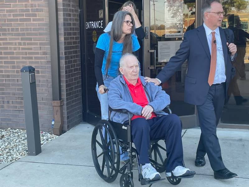 Chester Weger (in the wheelchair) escorted by attorney Andy Hale and members of his, Weger's family, won't learn until Feb. 24 (if then) whose DNA was found on a piece of evidence from the Starved Rock murders. The DNA wasn't his.