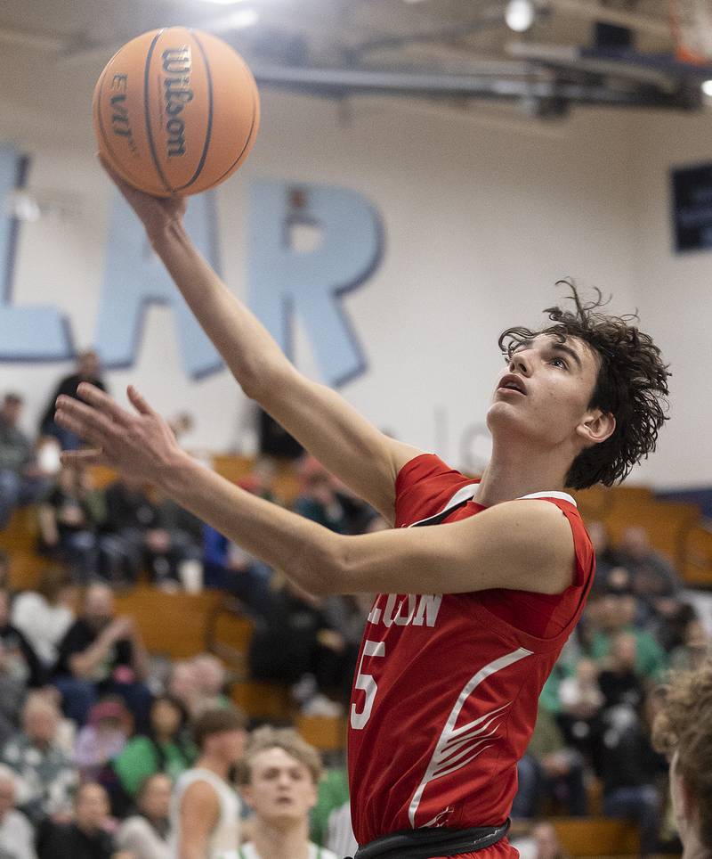 Oregon’s Benito Olalde puts up as shot against Rock Falls Wednesday, Feb. 26, 2025, at the Class 2A Regional semifinal at Bureau Valley High School.