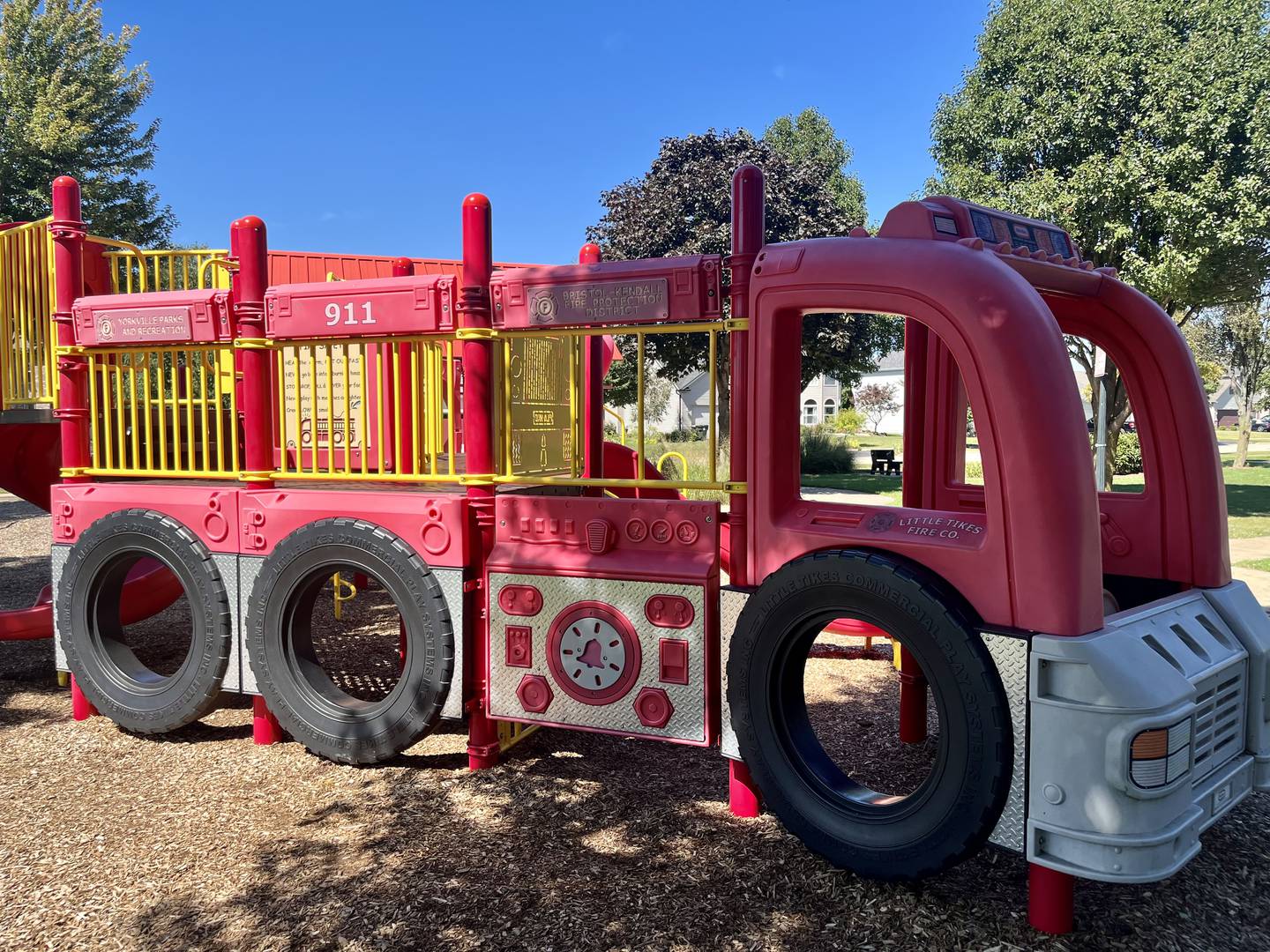 Yorkville's Reimenschneider Park's playground is fire-house themed to help children develop an appreciation and understanding for fire safety.