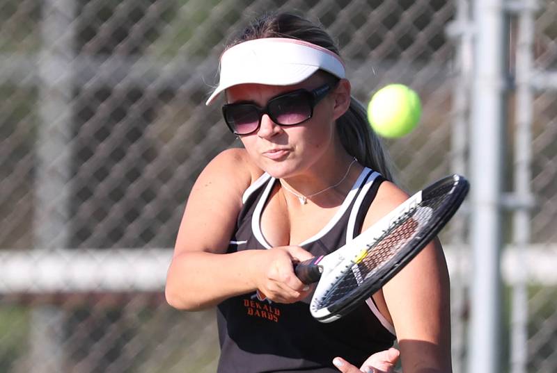 DeKalb's Nina Christopherson follows through on a forehand during her match against Sycamore's Jordyn Tilstra Monday, September 19, 2022, at Sycamore High School.