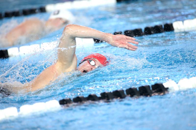 Hinsdale Central’s Johnathan Feiro competes in the 500-yard freestyle consolation heat during the IHSA Boys State Championships on Saturday, March 1, 2025 at the FMC Natatorium in Westmont.