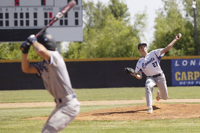Newman’s Brendan Tunink fires a pitch against Chicago Hope in the class 1A super sectional game Monday, May 29, 2023.