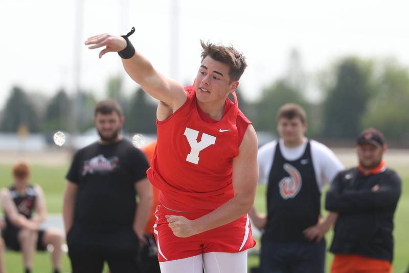 Yorkville’s Dominic Vashkelis-Benson warm up before competing in the Shot Put at the Class 3A Minooka Boys Track and Field Sectional on Wednesday, May 17, 2023 in Minooka. Dominic finished second to qualify for the State Finals.
