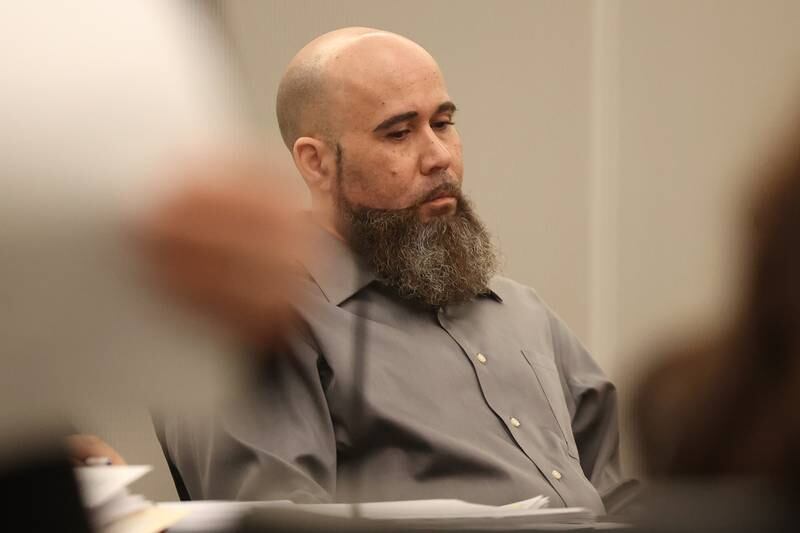 Jermaine Mandley, 47, of Bolingbrook, sits in court at the Will County Courthouse on Thursday, Aug. 17, 2023 in Joliet. Mandley is on trial for the alleged shooting of Maya Smith, 24, in June 2022.