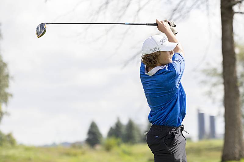 Princeton’s Jayden Fulkerson tees off on #1 Wednesday, Sept. 27, 2023 during the class 2A golf regionals at Deer Valley Country Club.