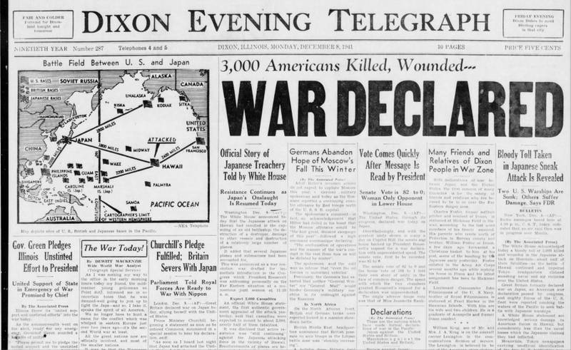 The top half of the front page of the Dixon Evening Telegraph from Dec. 8, 1941.