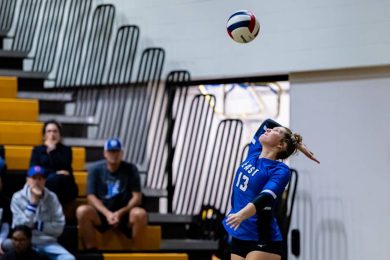 Lincoln-Way East's Brooklyn Ritter serves against Joliet West during a Varsity Volleyball match at Joliet West on Aug. 26, 2025.