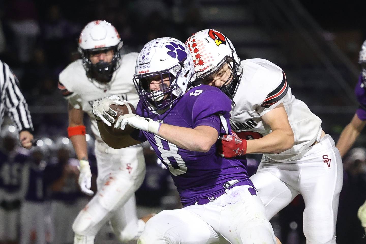 Wilmington’s Kyle Farrell pulls a Stillman Valley defender with him on a run in the first round of the playoffs on Saturday, Nov. 2, 2024 in Wilmington.