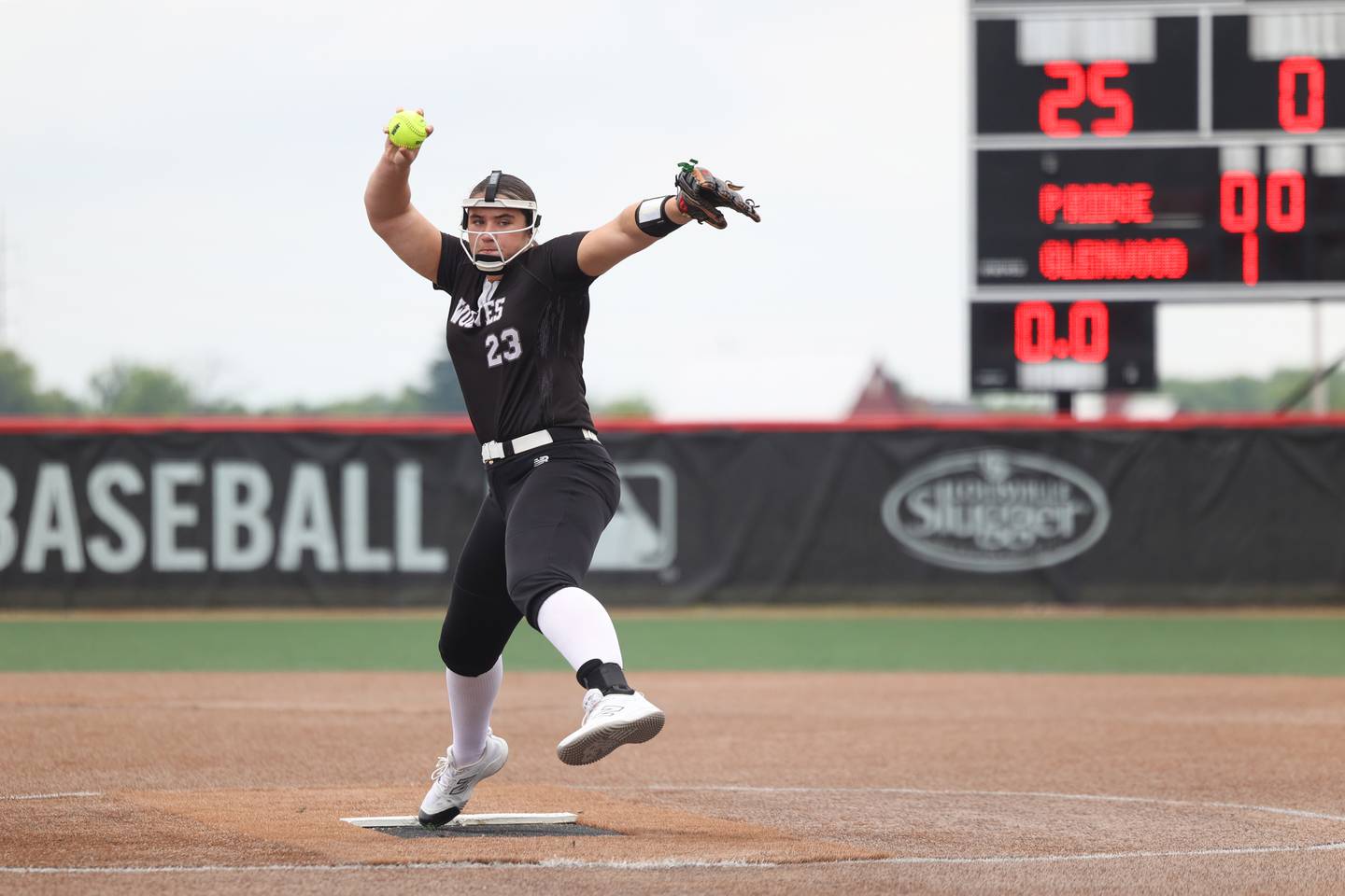 Prairie Ridge's Reese Mosolino throws a pitch during the Wolves' 5-0 loss to Glenwood in the IHSA Class 3A state semifinal on June 13, 2025.
