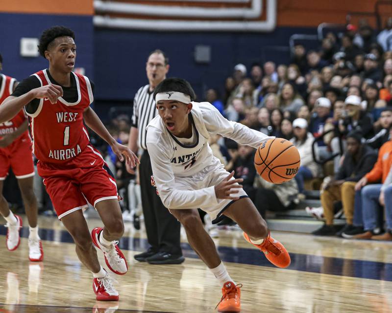 Oswego's Ethan Vahl (3) drives to the basket during their basketball game between West Aurora at Oswego Monday, Nov 24, 2025 in Oswego.