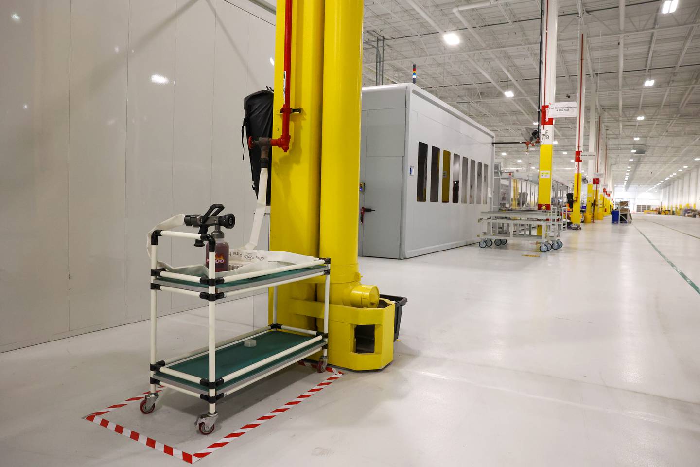 Fire extinguishing systems, including this station prepared with F-500 Encapsulator Agent technology, which is a fluorine-free, biodegradable foaming agent designed to rapidly extinguish lithium-ion battery fires, are placed throughout Gotion Illinois in Manteno as seen on Oct. 1, 2025.