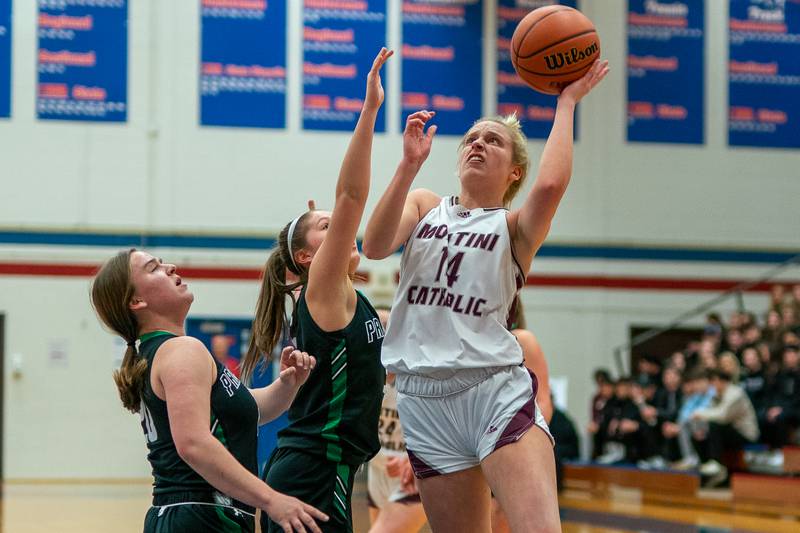Montini’s Shannon Blacher (14) shoots the ball in the post against Providence's Gabi Bednar (20) during the 3A Glenbard South Sectional basketball final at Glenbard South High School in Glen Ellyn on Thursday, Feb 23, 2023.