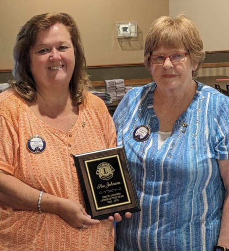 Dixon Lioness Lions named Sue Johnson as the Lioness of the Year for 2023-2024. Pictured are Sue Johnson and Ginny Stadel, who presented the award.