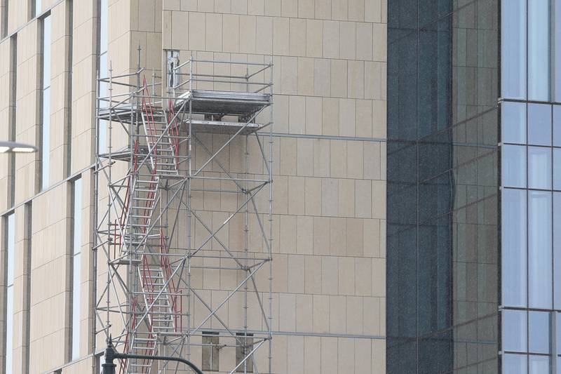 Scaffolding is set up near the entrance of the Will County Courthouse as repairs are being down on Wednesday, Jan 22, 2025 in Joliet.