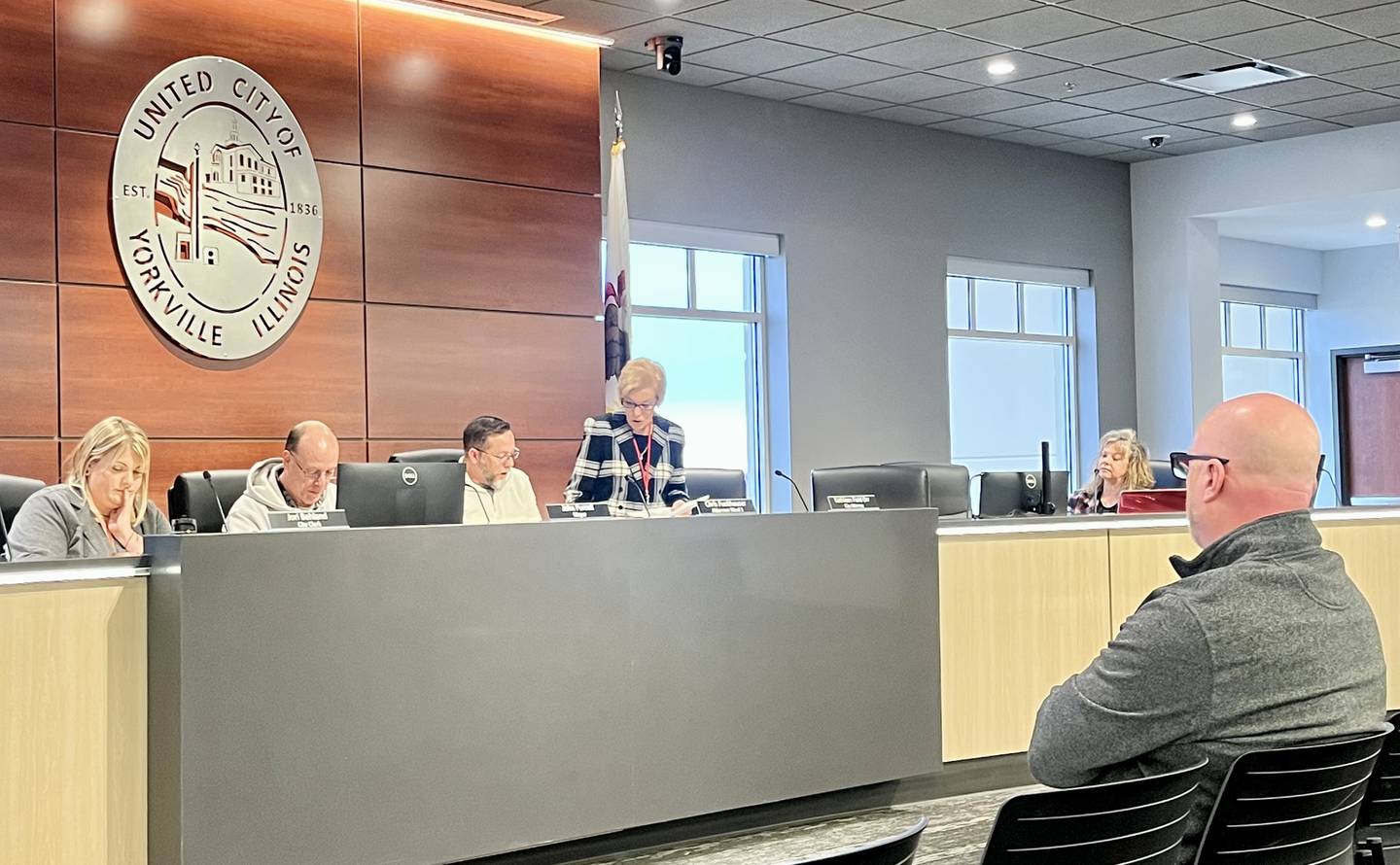 Candidate for Yorkville's Fourth Ward Alderman, Lowell "Rusty" Hyett (right), makes his case to the electoral board in an objection filed against his nominating papers, on Dec. 2, 2024.