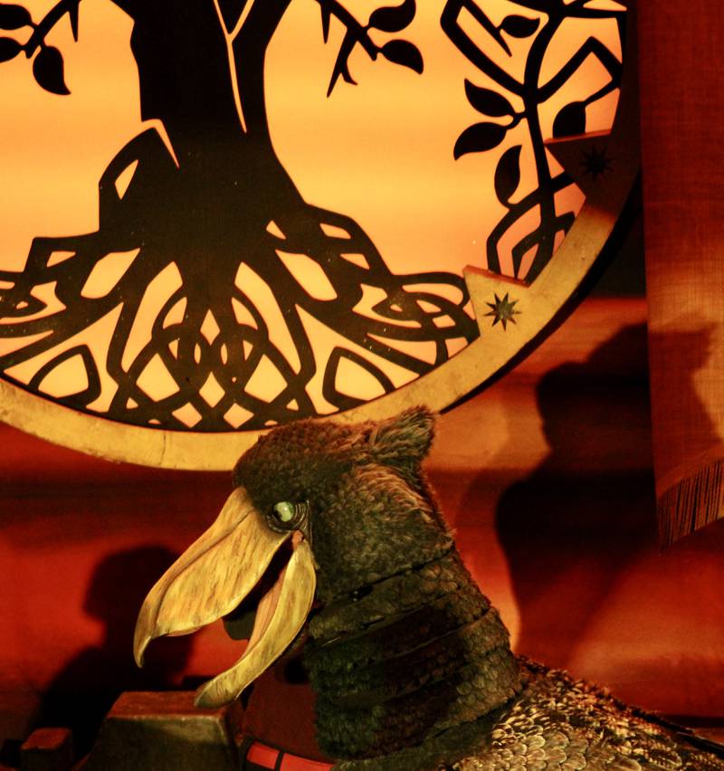 A griffon puppet with a penchant for garbage appears on the Dixon Theatre stage on Saturday, Feb. 11, 2023, as part of the afternoon performance of "Dragons and Mythical Beasts."