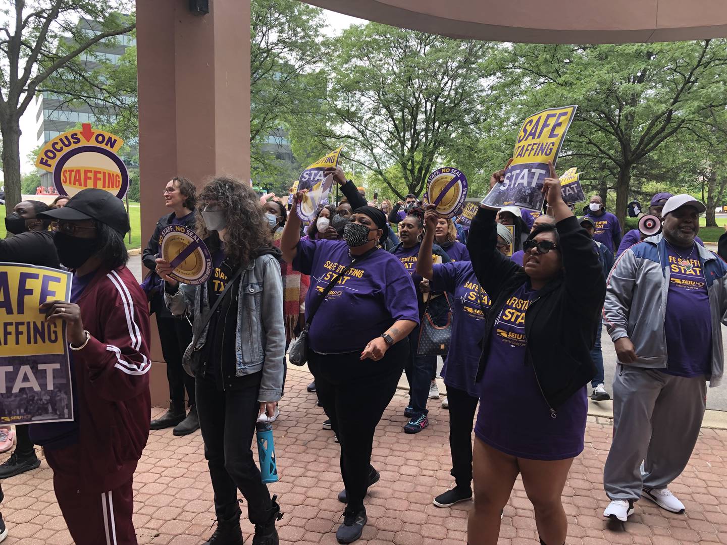 Members from the SEUI rallied June 7, 2022, asking the accreditation agency to include safe staffing levels when considering hospital approvals.