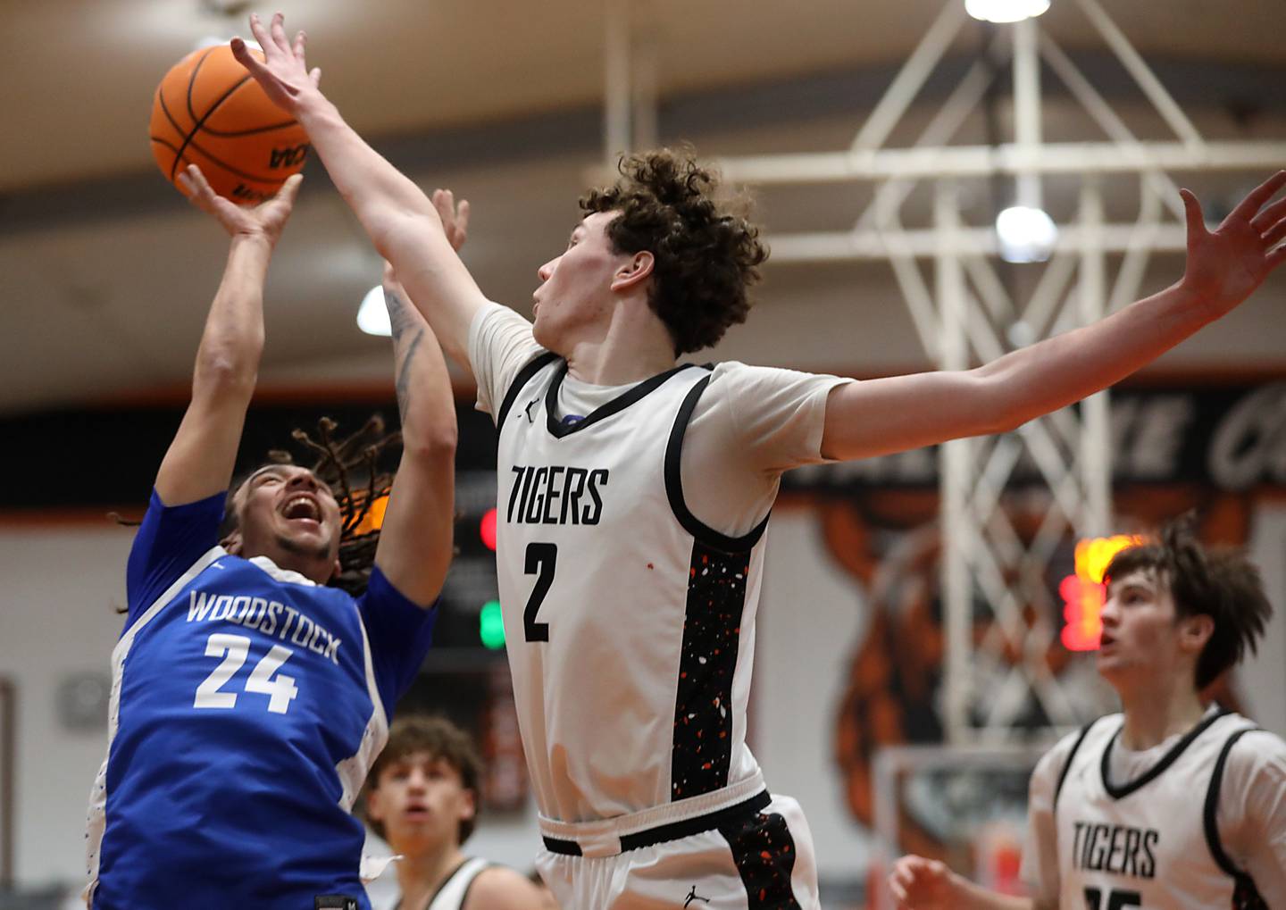 Crystal Lake Central's Danny Spychala blocks the shot of Woodstock's JJ Stokes during a nonconference boys basketball game on Monday Jan. 5,  2026, at Crystal Lake Central School.