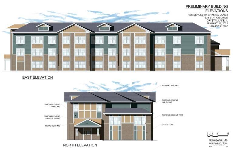 Elevation renderings for Station 338, a proposed second building at the Residences at Crystal Lake senior living complex. Conceptual plans for the 27-unit building were submitted to both the Crystal Lake Planning and Zoning Commission, as well as the Illinois Housing Development Agency, in April of 2022.