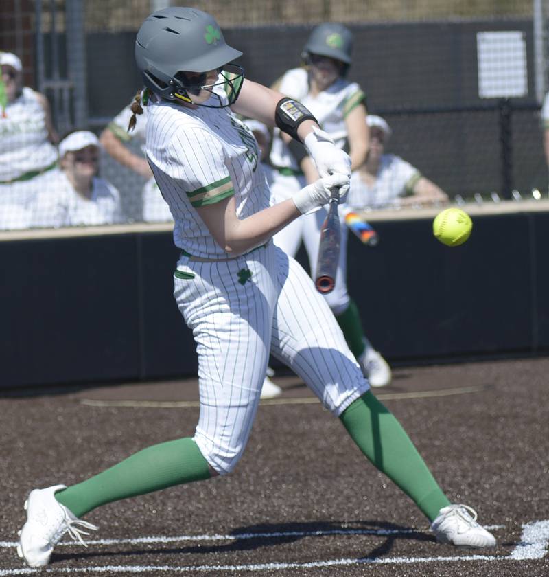 Tessa Krull connects for a base hit in the 1st inning against Serena Saturday at Seneca.