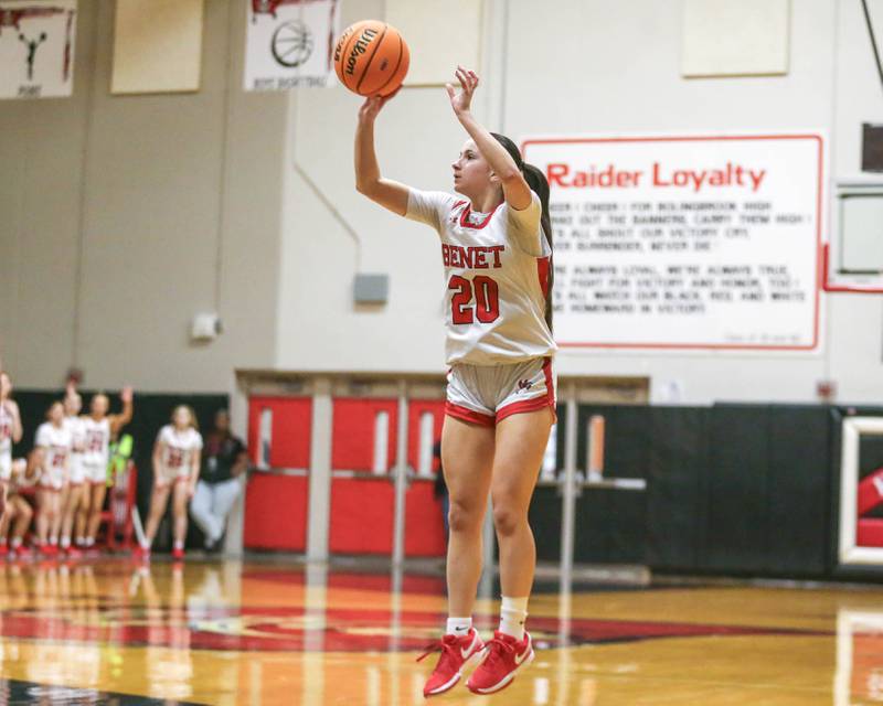 Benet's Sailer Jones (20) shoots a jumper during their Class 4A Bolingbrook Sectional final basketball game between Waubonsie Valley at Benet. Feb 27, 2025 in Bolingbrook.