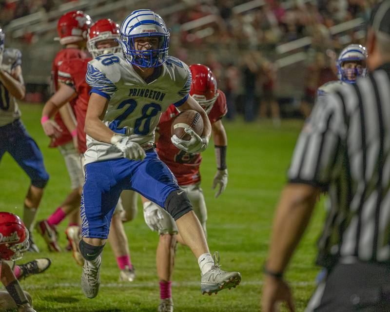 Ayden Agushi (28) of Princeton celebrates whilst scoring touchdown on Friday, Oct. 3, 2025 at Richard Nesti Stadium in Spring Valley.