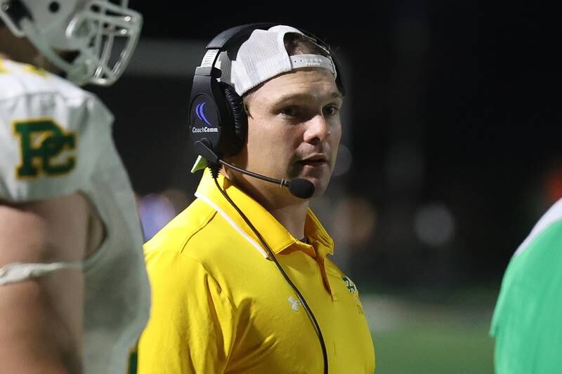 Providence head coach Tyler Plantz during the game against Joliet Catholic on Friday, Sept. 1, 2023 Joliet Memorial Stadium.