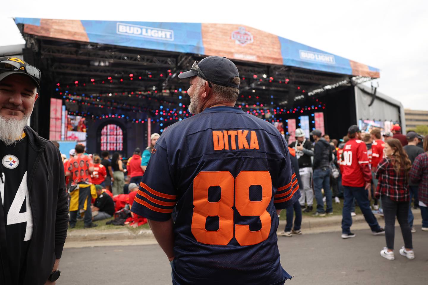 Jake Aills, from Salina, Kansas, wears a Ditka jersey for the first day of the 2023 NFL Draft on Thursday, April 27, 2023 in Kansas City, MO.