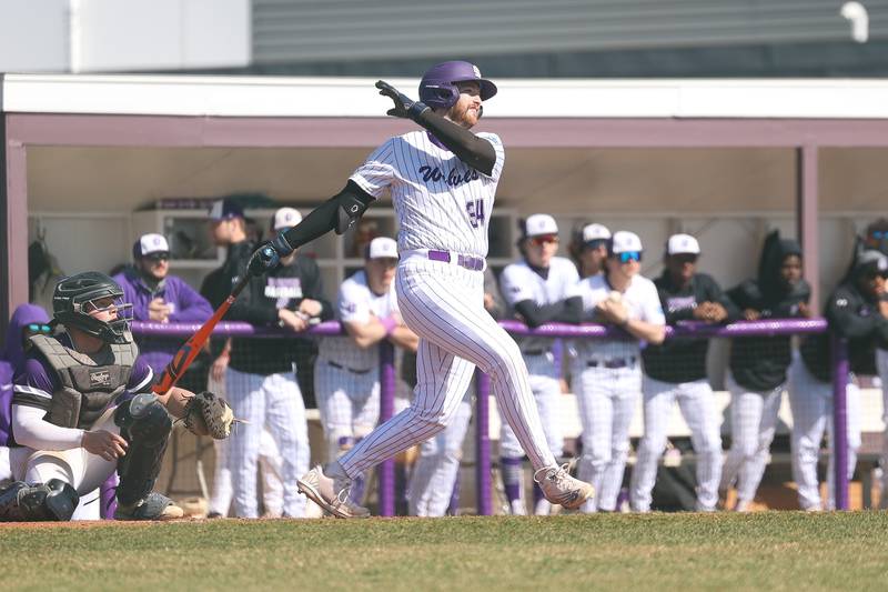 Joliet Junior College’s Dylan Scafuri connects against Illinois Valley in game one of their double-header at the Wolves home opener on Sunday Mar. 3rd, 2024 in Joliet.