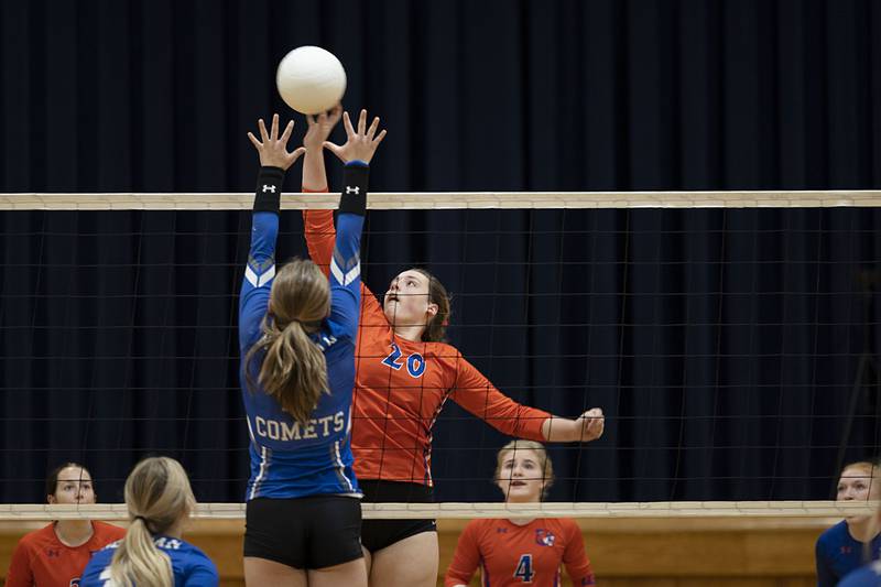 Eastland’s Quinc Haverland works the net in game one Wednesday, Oct. 26, 2022 in the semifinal volleyball match against Newman.