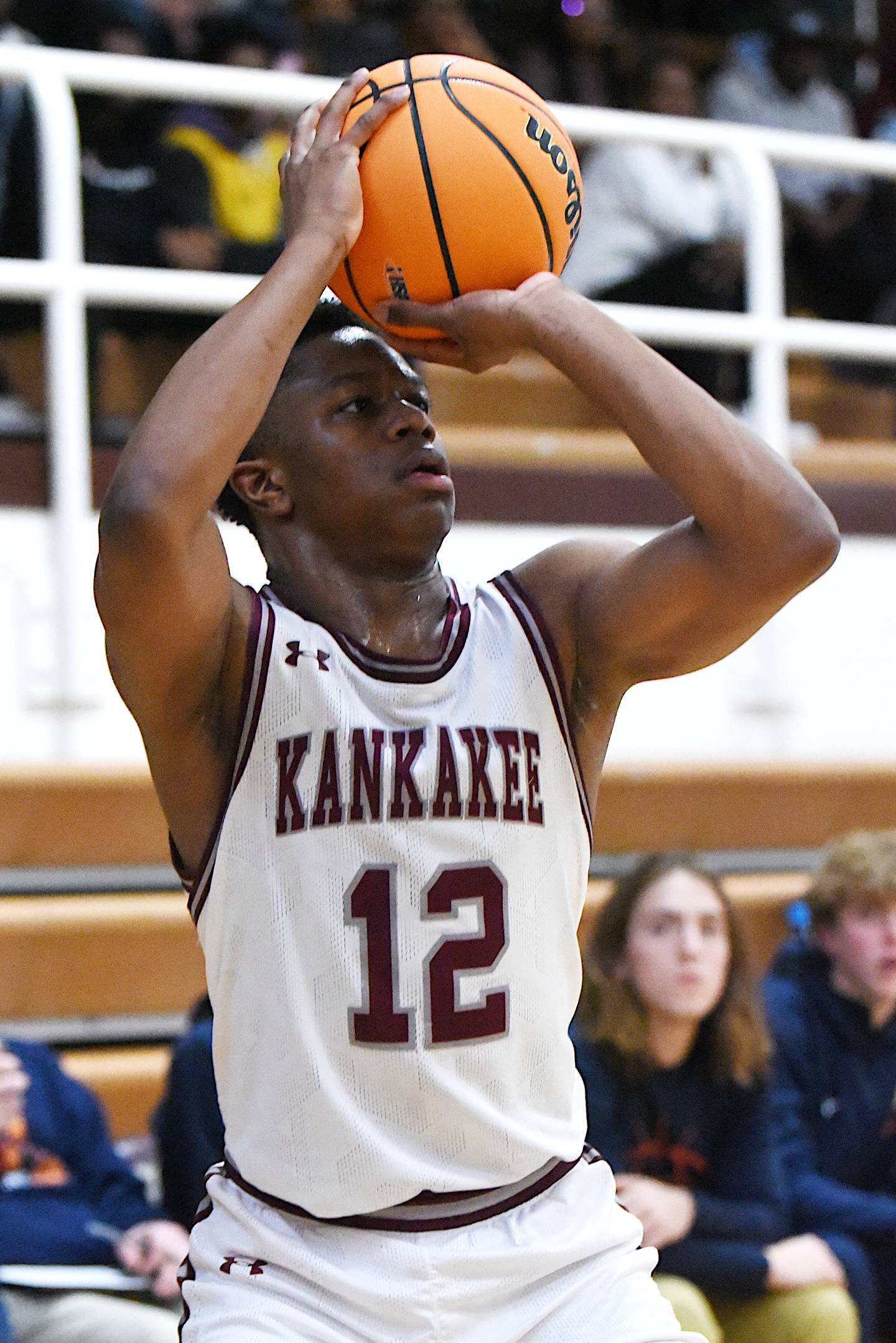 Kankakee's Myair Thompson shoots a 3-pointer during an IHSA Class 3A Morris Regional semifinal game against Pontiac Wednesday, Feb. 26, 2025.