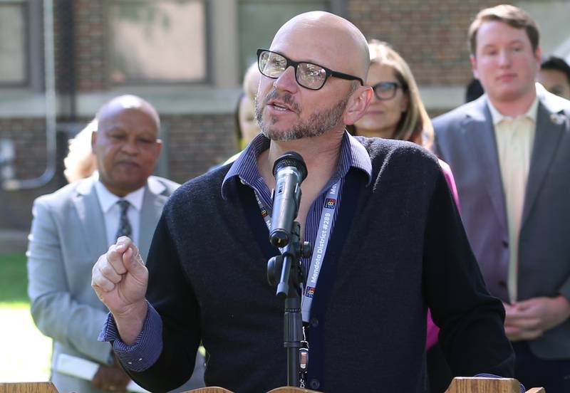 Brad Cox superintendent of Mendota Public Schools, speaks outside of Lincoln Elementary School on Thursday, May 30, 2024 in Mendota. Illinois Transportation awarded Mendota for new sidewalks that help students more opportunities to walk, bike and roll as part of the Safe Routes to School Program.