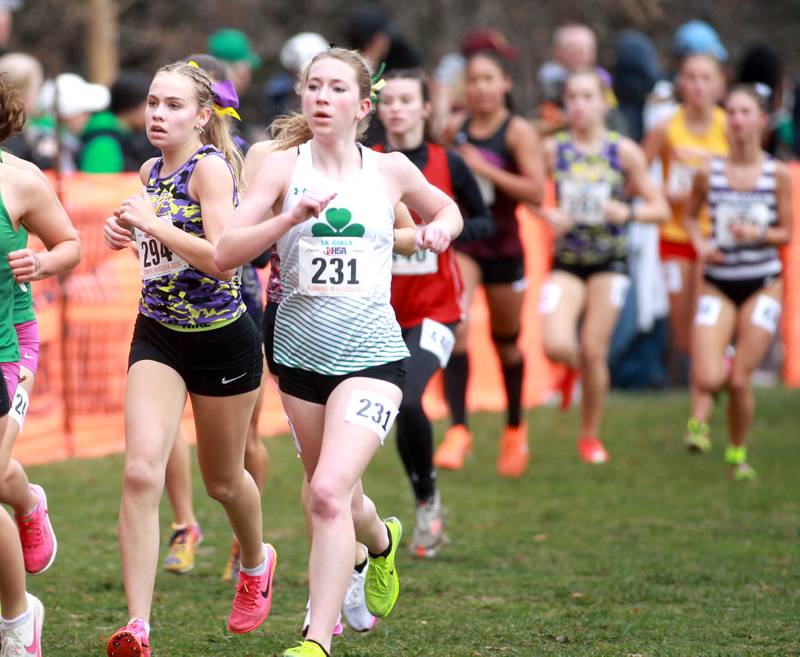 Seneca's Evelyn O'Connor (right) competes in the Class 1A State Cross Country Championships on Saturday, Nov. 9, 2024 at Detweiller Park in Peoria.