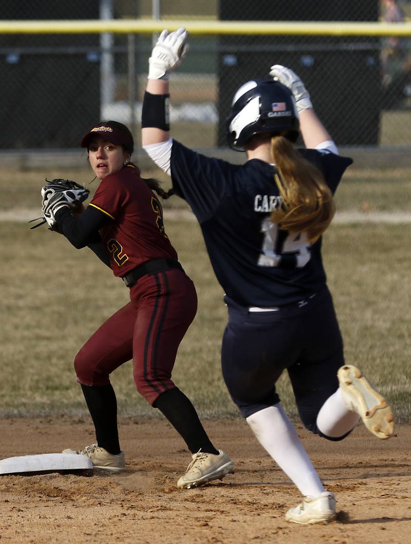 Richmond-Burton’s Adriana Portera tries to turn a double play as Cary-Grove’s Allison Garski runs into second base during a non-conference softball game Tuesday, March 21, 2023, at Cary-Grove High School.