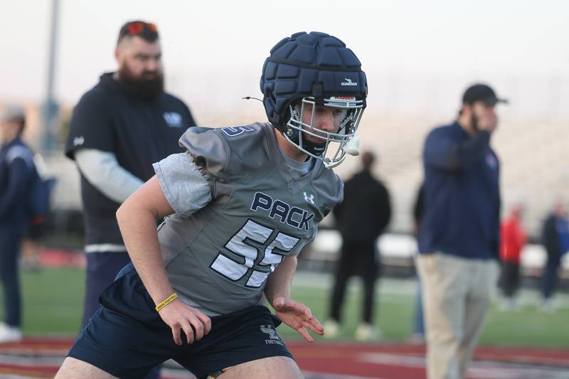 Oswego East’s Brody Summers runs a drill at the IHSA Southwest Suburb Showcase combine on Thursday, May 7, 2026 at Plainfield North High School.