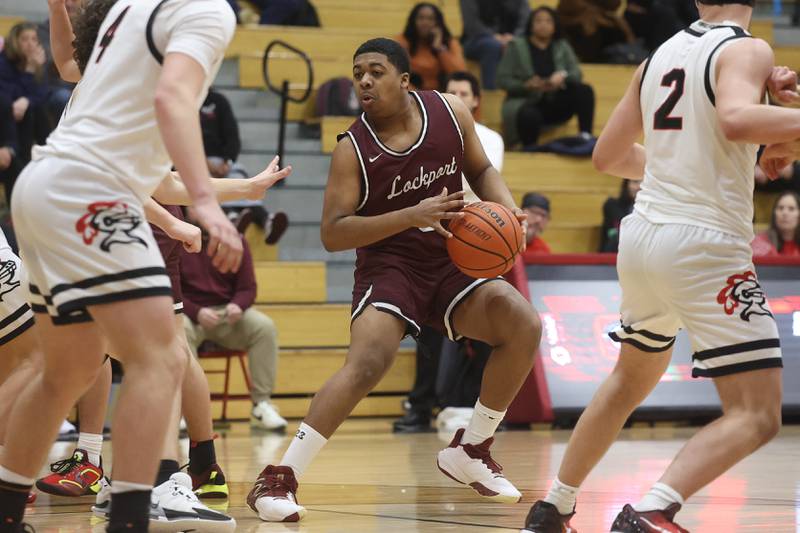 Lockport’s Jeffrey Green works the ball against Lincoln-Way Central on Tuesday, Jan. 23rd, 2024 in New Lenox.