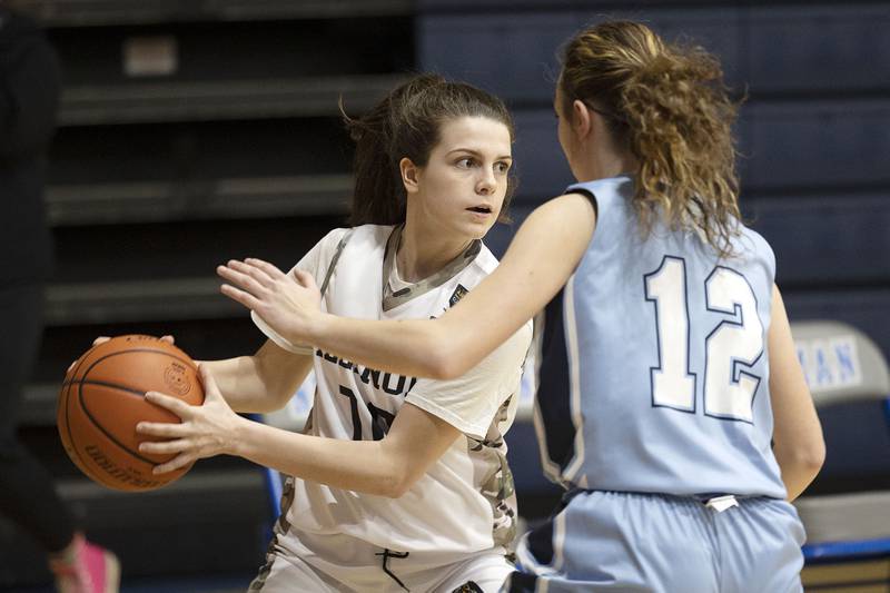 Newman’s Helen Papoccia looks to pass against Bureau Valley Monday, Jan. 23, 2023.