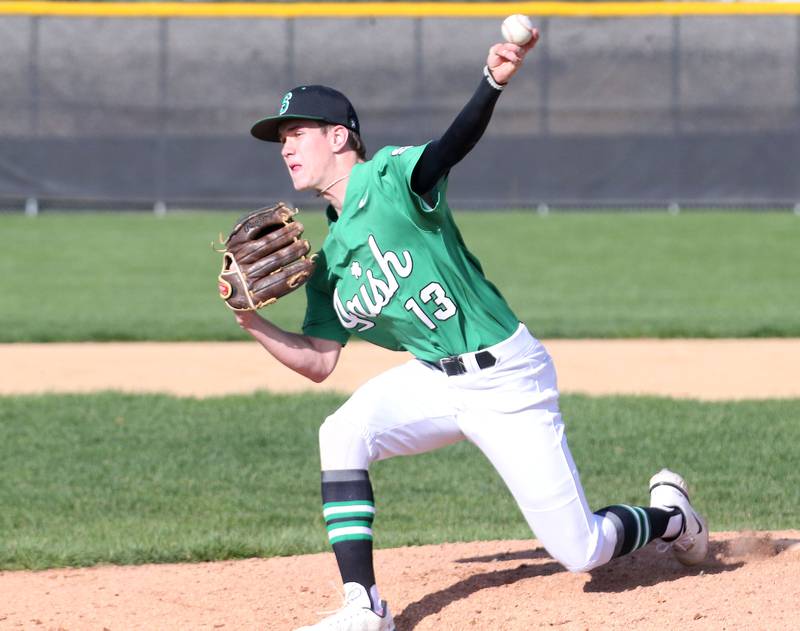 Seneca pitcher Paxton Giertz fires a pitch to Streator on Friday, April 19, 2024 at Seneca High School.