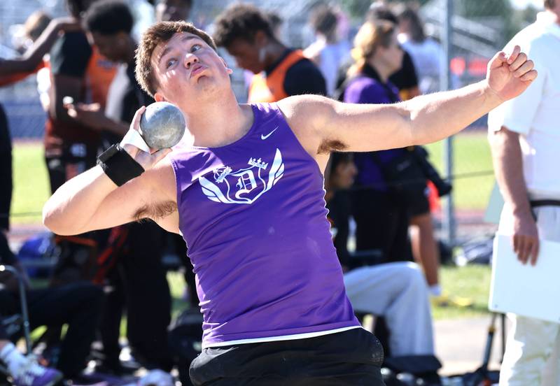 Dixon’s Owen LeSage takes one of his throws in the shot put Wednesday, May 20, 2026, during the Class 2A boys track sectional at Rochelle High School.