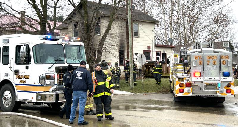 Polo police and firefighters responded to a house fire at 611 N. Division St. in Polo Tuesday morning. One man was helped from the home by first responders and transported by Polo EMS. Three dogs were also rescued, but two cats died. The cause of the fire has yet to be determined. Fire crews from area communities also responded to the scene for mutual aid.
