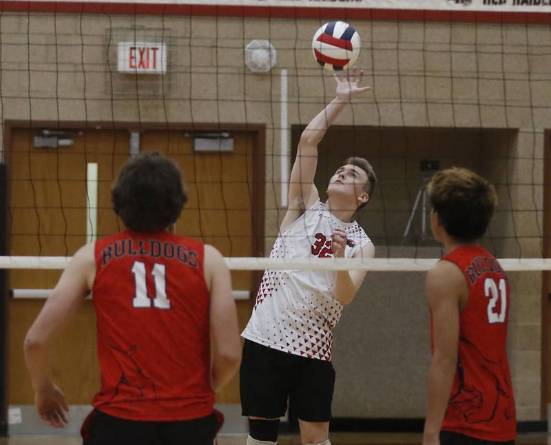 Huntley’s Justin Drawer hits the ball over the net during a nonconference boys volleyball match against Grant on Thursday, May 21, 2026, at Huntley High School.