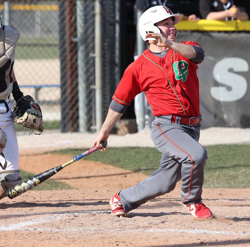 LaSalle-Peru's Brady Romagnoli hits the ball into centerfield during their game against Sycamore Monday, April 11, 2022, at the Sycamore Community Sports Complex.
